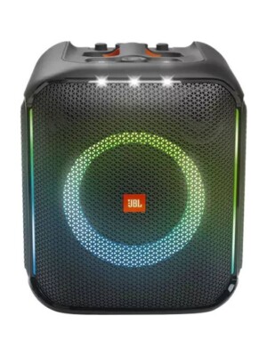 JBL Partybox Jeux de Lumière : Anneaux lumineux et flashs stroboscopiques synchronisés sur la musique. Étanchéité IPX4 : Résiste aux éclaboussures (pluie fine ou verres renversés).