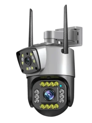 CAMERA DE SURVEILLANCE  EXTERIEURE DUAL LENS  elle intègre deux objectifs dans un seul boîtier, ce qui lui permet de combiner deux angles de vue ou deux types d’images