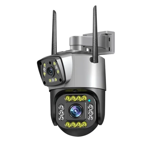 CAMERA DE SURVEILLANCE  EXTERIEURE DUAL LENS  elle intègre deux objectifs dans un seul boîtier, ce qui lui permet de combiner deux angles de vue ou deux types d’images