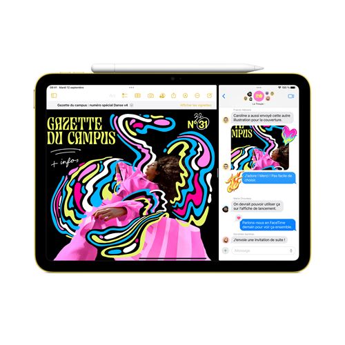 iPad 10e génération Stockage Disponible 64 GB RAM 4GB LPDDR4X. Batterie Excellente autonomie allant jusqu'à 10 heures de navigation web en Wi‑Fi ou de lecture vidéo.