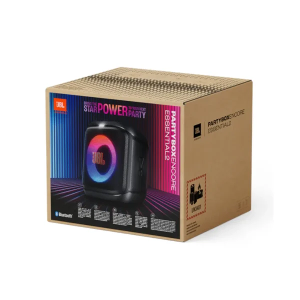 JBL Partybox Jeux de Lumière : Anneaux lumineux et flashs stroboscopiques synchronisés sur la musique. Étanchéité IPX4 : Résiste aux éclaboussures (pluie fine ou verres renversés).