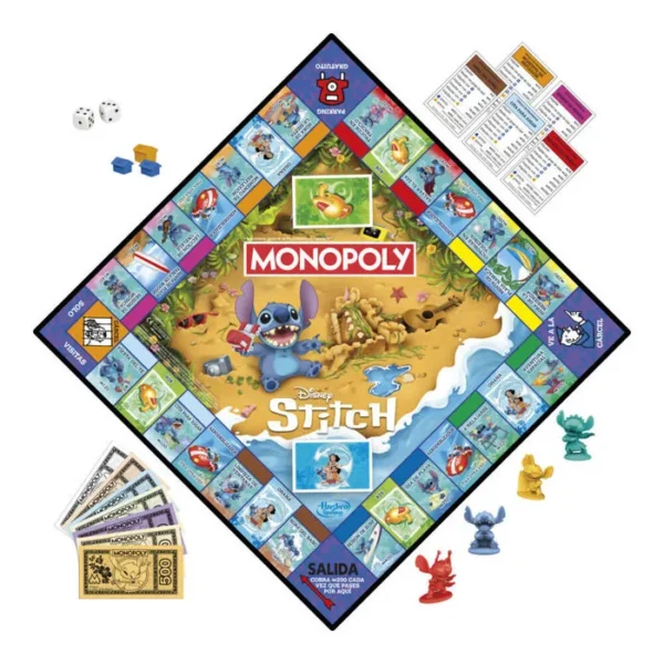 Jeu de société  Hasbro Spanish Disney Le concept : Le plateau de jeu classique est remplacé par des activités de plage et des lieux issus de l'univers de Lilo & Stitch. Les pions : Comprend 4 pions exclusifs représentant Stitch dans différentes postures amusantes et colorées.