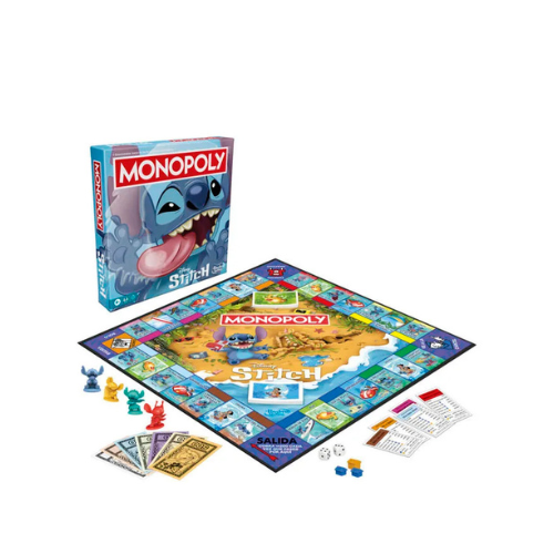 Jeu de société  Hasbro Spanish Disney Le concept : Le plateau de jeu classique est remplacé par des activités de plage et des lieux issus de l'univers de Lilo & Stitch. Les pions : Comprend 4 pions exclusifs représentant Stitch dans différentes postures amusantes et colorées.