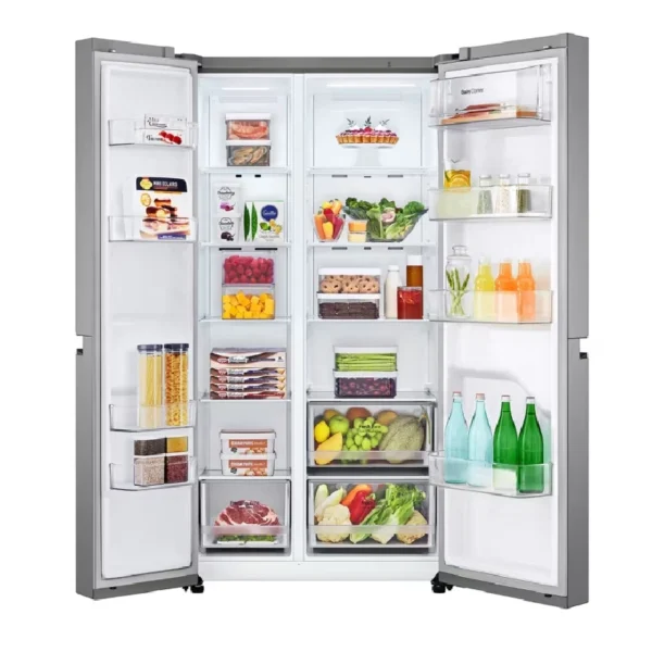 Réfrigérateur Side-by-Side LG 650L Technologie Smart Inverter / Linear Compressor : Ajuste la puissance du moteur selon le niveau de remplissage. Cela permet d'économiser jusqu'à 32 % d'énergie et offre un fonctionnement ultra-silencieux. Total No Frost : Refroidissement par air ventilé qui supprime toute formation de givre ou de glace, facilitant l'entretien.