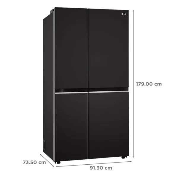 Réfrigérateur Side-by-Side LG 650L Technologie Smart Inverter / Linear Compressor : Ajuste la puissance du moteur selon le niveau de remplissage. Cela permet d'économiser jusqu'à 32 % d'énergie et offre un fonctionnement ultra-silencieux. Total No Frost : Refroidissement par air ventilé qui supprime toute formation de givre ou de glace, facilitant l'entretien.