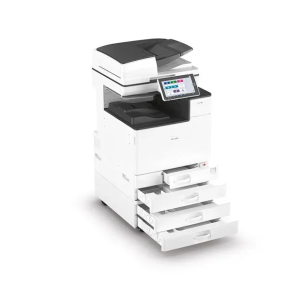 Ricoh IM C2000Résolution  1200 × 1200 dpi. Formats supportés A3, A4, SRA3. Capacité papier : Standard 1 200 feuilles, extensible jusqu’à 4 700. Écran tactile : 10,1 pouces, interface intuitive.