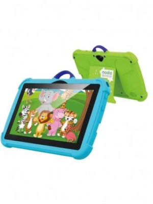 Tablette enfant MODIO M2 Stockage interne (ROM)  32 GB, extensible pour enregistrer des photos, des vidéos et des cours. Mémoire vive (RAM)  2 GB, assurant une fluidité correcte pour les applications légères et les jeux éducatifs.