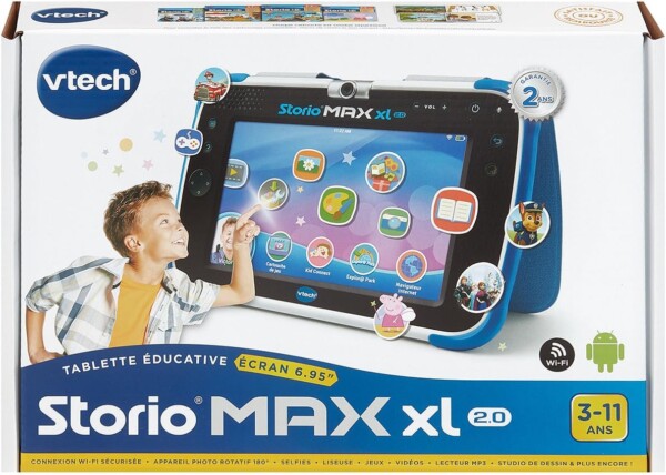 VTech Storio Max Mémoire interne de 8 GB à 32 GB , extensible par carte MicroSD. Elle intègre une batterie rechargeable.