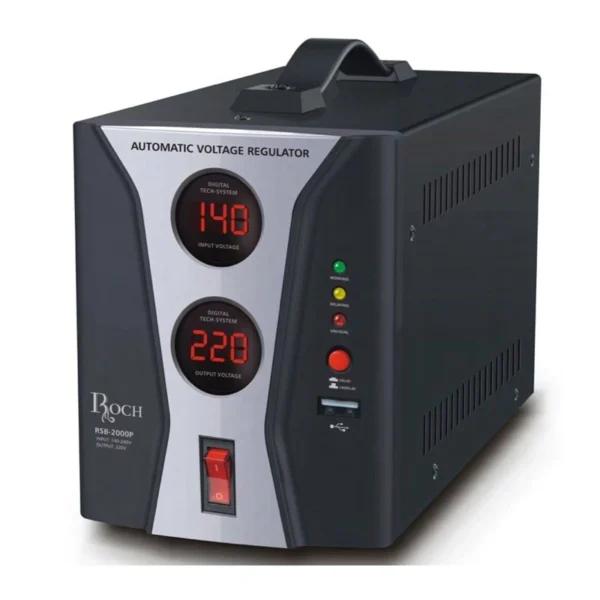 Régulateur Roch Capacité 2000VA. Tension d’entrée : 140V – 260V. Tension de sortie : 220V – 240V.