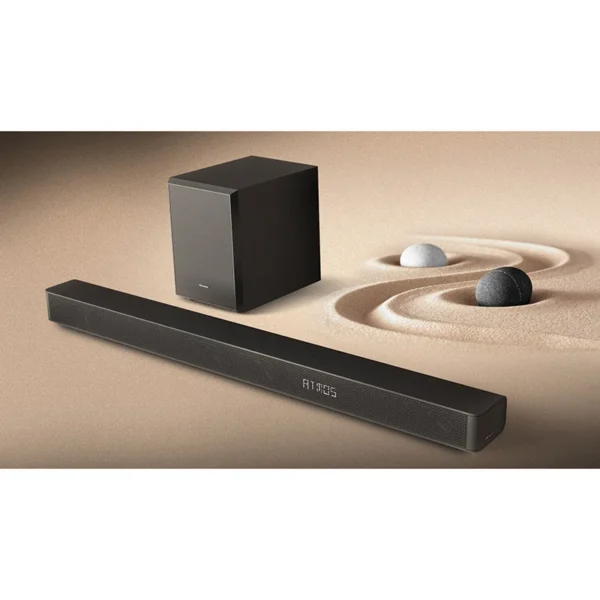 Barre de son Hisense AX3100 3.1 Puissance totale : 280 W Configuration : 3.1 canaux – 5 haut-parleurs (barre + caisson sans fil 6,5”)