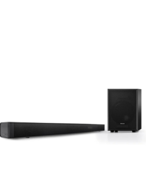 Barre de son Hisense AX3100 3.1 Puissance totale : 280 W Configuration : 3.1 canaux – 5 haut-parleurs (barre + caisson sans fil 6,5”)