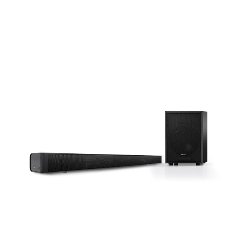 Barre de son Hisense AX3100 3.1 Puissance totale : 280 W Configuration : 3.1 canaux – 5 haut-parleurs (barre + caisson sans fil 6,5”)