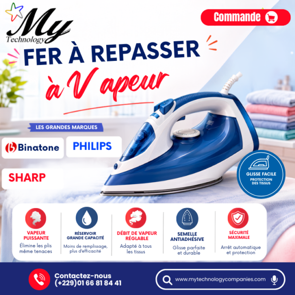 Fer à repasser à Vapeur BINATONE 2410 Puissance : 1600 W, chauffe rapide. Réservoir d’eau : 250 ml, suffisant pour plusieurs vêtements. Semelle : anti‑adhésive, glisse fluide sur tous types de tissus.