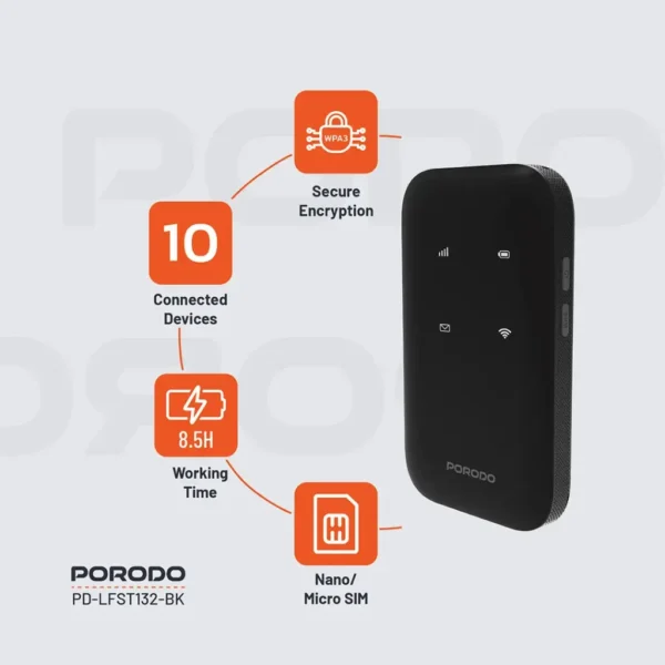 Pocket WiFi PORODO-Vitesse de téléchargement  150–300 Mbps -Vitesse de téléversement : 50–300 Mbps-Compatibilité SIM
